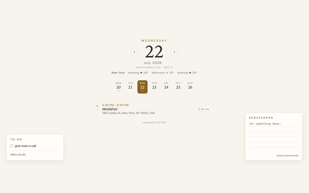 Day Tab new-tab page: day view with week strip, weather line, to-do list and scratchpad